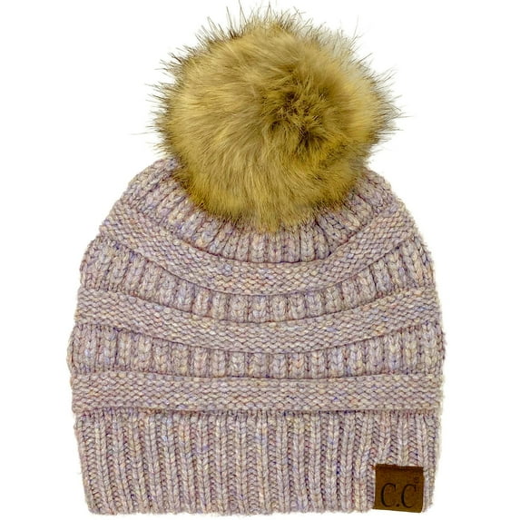 CC Fur Pom Winter Fall Trendy Chunky Stretchy Cable Knit Beanie Hat (Snuggly Soft Periwinkle Mix)