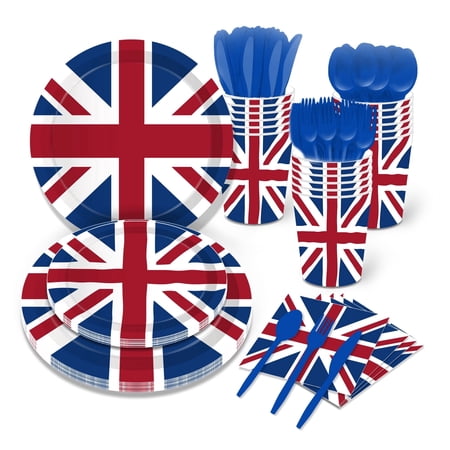 CC HOME 16pcs Blue British Flag Party Tableware Set Union Jack Party Supplies Tableware Including Paper Plates Dessert Plates Cups Napkins