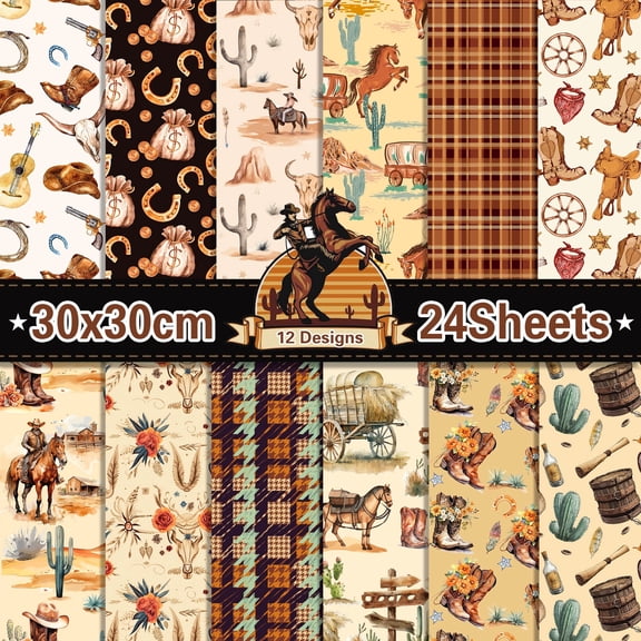 CC HOME 24 Sheets Wester Cowboy Theme Scrapbook Paper Pad Double-sided Decorative Paper for Birthday Party DIY Art Crafts,Card Making,Album Jounal