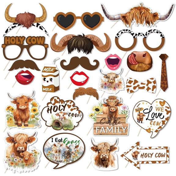CC HOME 25pcs Highland Cow Photo Booth Props Holy Cow Pattern Photo Decorations Favors for Highland Cow Birthday Party Essentials Supplies