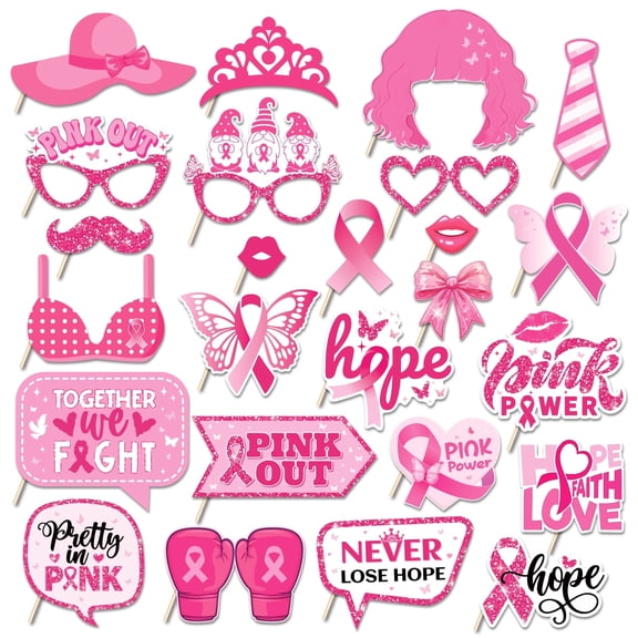 CC HOME 25pcs Pink Ribbons Photo Booth Props Pink Bow Tie Glasses Pattern Photo Decorations Favors for Awareness Women Theme Birthday Party Essentials Supplies