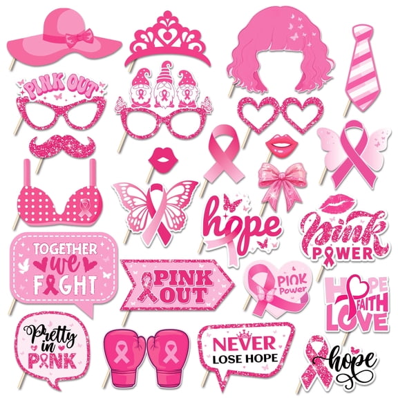 CC HOME 25pcs Pink Ribbons Photo Booth Props Pink Bow Tie Glasses Pattern Photo Decorations Favors for Awareness Women Theme Birthday Party Essentials Supplies