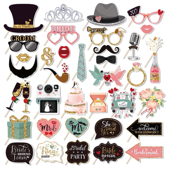 CC HOME 36PCS Wedding ThemePhoto Booth Props Bouquets Ring Gifts Patterns Decorations Favors for Wedding Anniversery Party Supplies