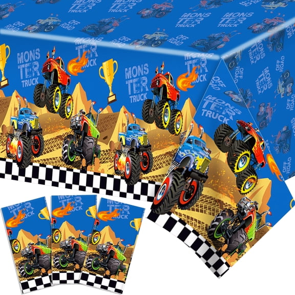 CC HOME 3pcs Monster Truck Tablecloth Disposable PE Birthday Party Monster Truck Tablecloth Outdoor Party Table Decorations