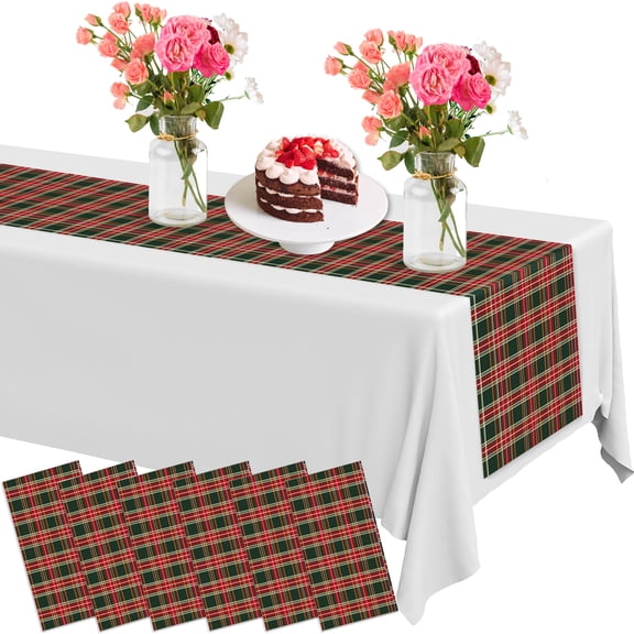 CC HOME 6pcs Red Green Buffalo Table Runners Disposable Vintage Plaid Table Runner Decor for Christmas New Years Thanksgiving Party Dining Table Supplies