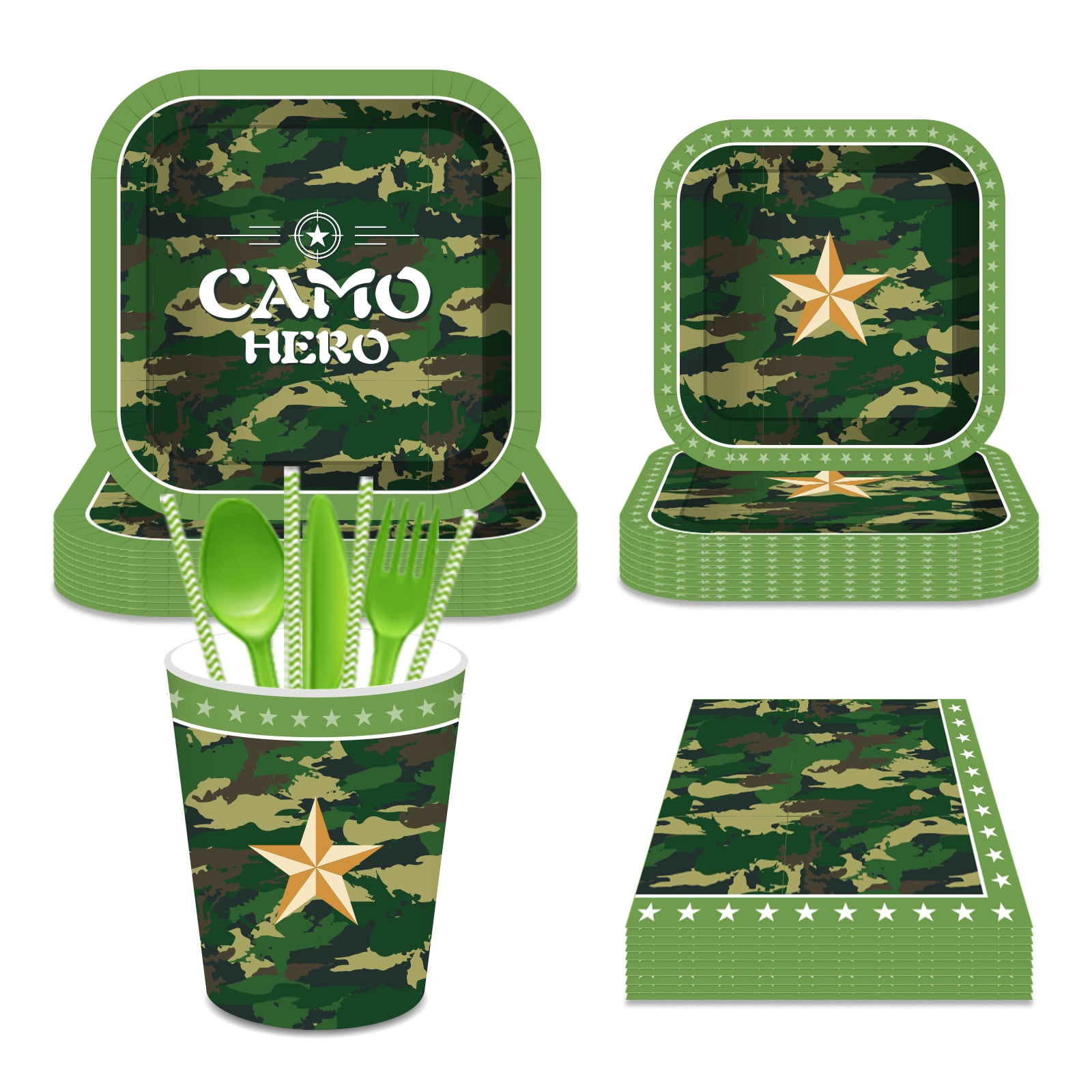 CC HOME Camouflage Party Disposable Tableware Set Serves 16 - Disposable Paper Plates, Napkins, Cups, Forks, Camouflage Army Theme Birthday Party Supplies for 16 Guests