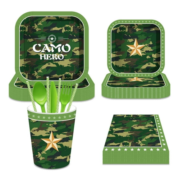 CC HOME Camouflage Party Disposable Tableware Set Serves 16 - Disposable Paper Plates, Napkins, Cups, Forks, Camouflage Army Theme Birthday Party Supplies for 16 Guests