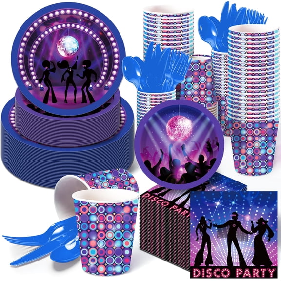 CC HOME Disco Theme Tableware Set Serves-16 Disposable Paper Plates Cups Napkins for 90s Party Supplies