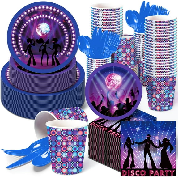 CC HOME Disco Theme Tableware Set Serves-16 Disposable Paper Plates Cups Napkins for 90s Party Supplies
