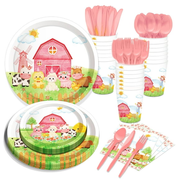 CC HOME Farm Animal Party Supplies Pack Pink Watercolor Party Decorations Party Pack- Serves 16 - Includes Cute Farm Animals Pigs Cows Plates Cups Napkins