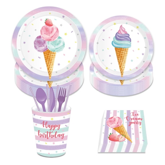 CC HOME Ice Cream Theme Birthday Party Tableware Set Serves 24 - Disposable Paper Plates, Napkins, Cups, Forks, Ice Cream Theme Party Supplies for 24 Guests