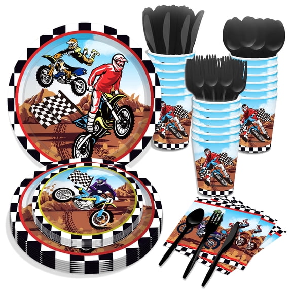 CC HOME Motorcycle Theme Party Supplies Serves 16 Guests Disposable Paper Plates, Napkins, Cups, Forks, Motorcycle Theme Party Tableware Set for Boys