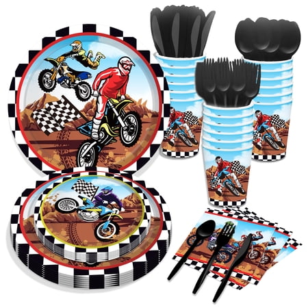 CC HOME Motorcycle Theme Party Supplies Serves 16 Guests Disposable Paper Plates, Napkins, Cups, Forks, Motorcycle Theme Party Tableware Set for Boys