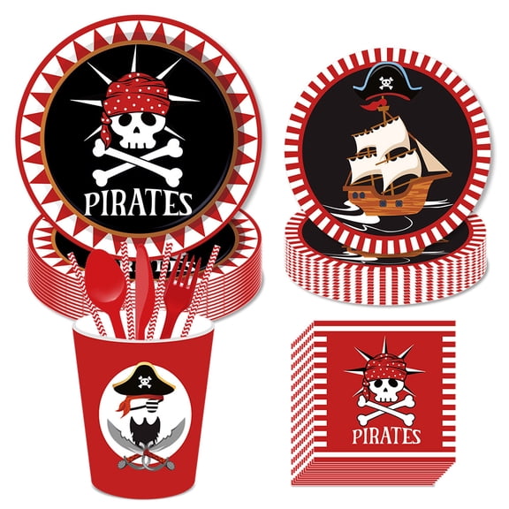 CC HOME Pirate Theme Birthday Party Tableware Set Serves 24 - Disposable Paper Plates, Napkins, Cups, Forks, Black Red Turban Skull Design Birthday Party Supplies for 24 Guests