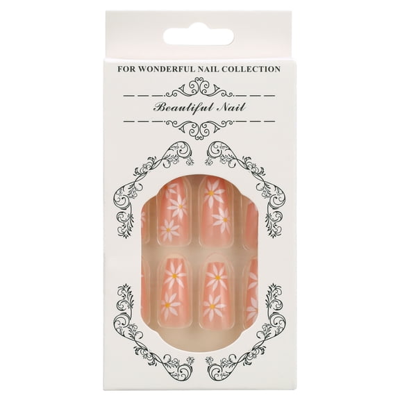 CC HOME Press On Nails - Daisy Pink Glossy Long Coffin Nails with Salon UV Finish, Reusable Opaque Nails in 12 Sizes - 24 Nail Kit with Jelly Stickers