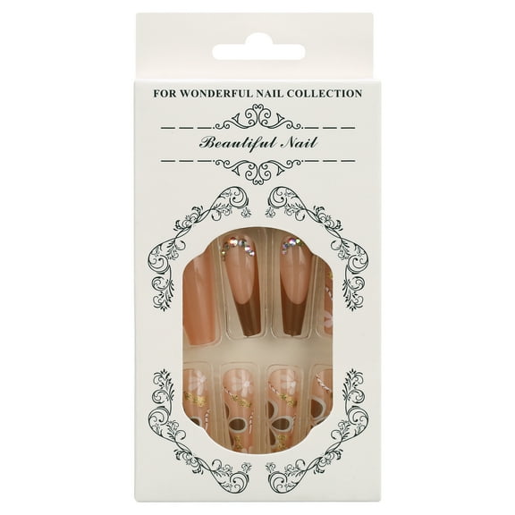 CC HOME Press On Nails - Amber Brown Glossy Long Coffin Nails with Salon UV Finish, Reusable Opaque Nails in 12 Sizes - 24 Nail Kit with Jelly Stickers