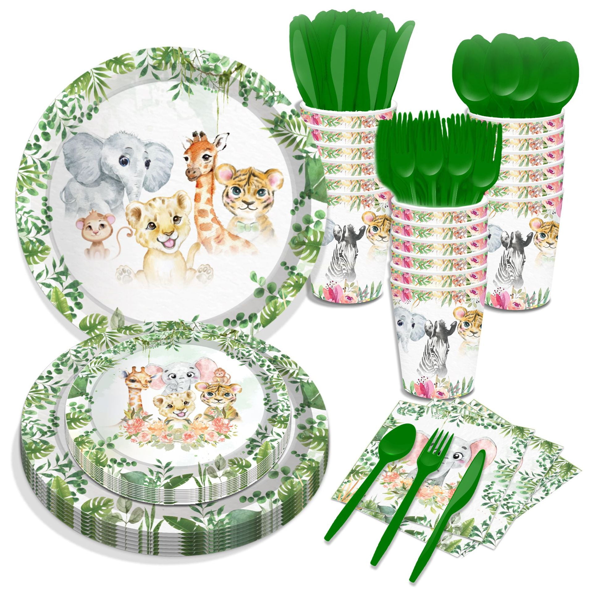 CC HOME Safari Birthday Tableware Set Serves 16 Disposable Paper Plates, Napkins, Cups, Forks, Safari Jungle Animal Theme Birthday Party Supplies for 16 Guests