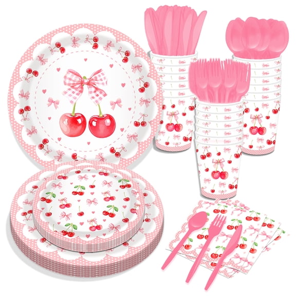 CC HOME Summer Fruit Theme Tableware Set Pink Cherry Patterns Serves-16 Disposable Paper Plates Cups Napkins for Birthday Wedding Baby Shower Outdoor Party Supplies