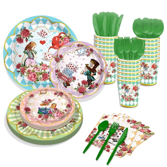 CC HOME Tea Party Tableware Set Serves 16 - Disposable Paper Plates, Napkins, Cups, Forks, Tea Birthday Supplies and Party Decorations for 16 Guests