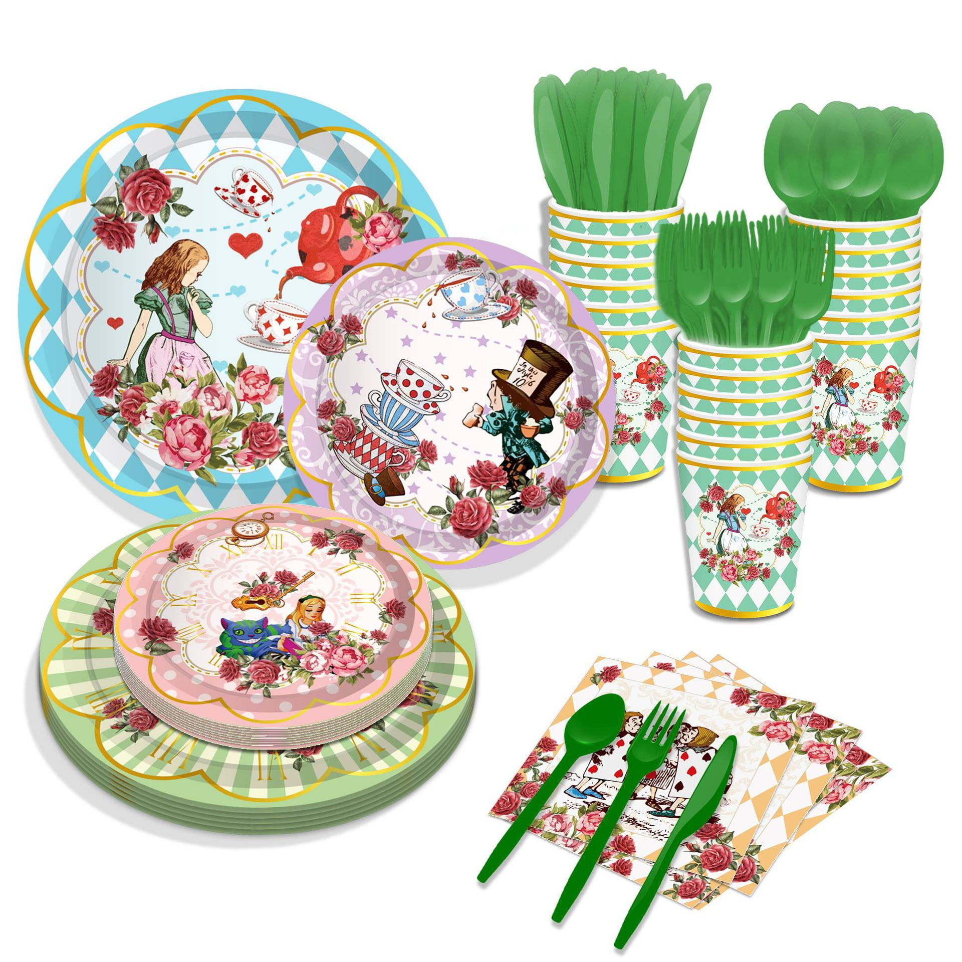 CC HOME Tea Party Tableware Set Serves 16 - Disposable Paper Plates, Napkins, Cups, Forks, Tea Birthday Supplies and Party Decorations for 16 Guests
