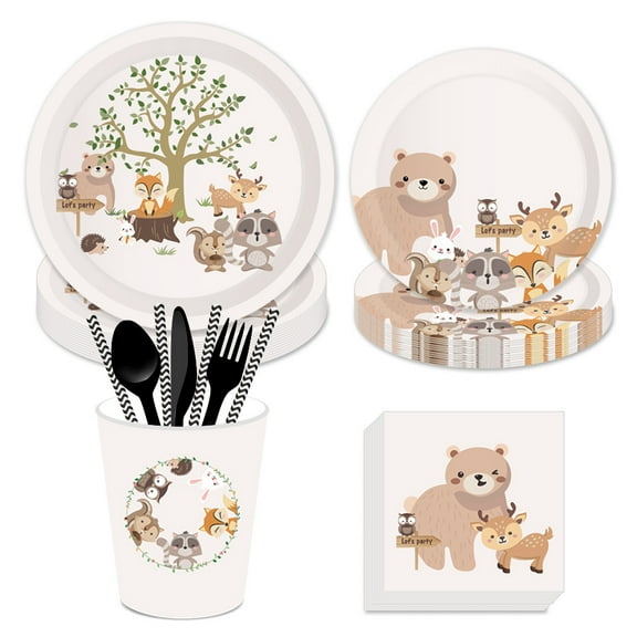 CC HOME Woodland Animal Theme Birthday Party Tableware Set Serves 24 - Disposable Paper Plates, Napkins, Cups, Forks, Forest Theme Party Supplies for 24 Guests