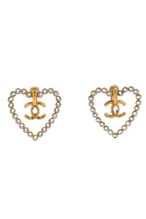CC Heart Cut Out Stud Earrings Metal with Crystals Large By Rebag
