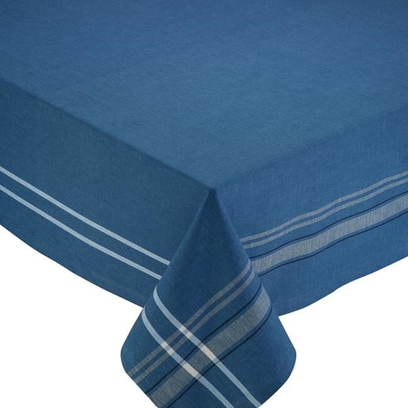 CC Home Furnishings 104" French Blue Chambray Striped Border Rectangular Tablecloth