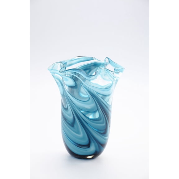 CC Home Furnishings 11.5" Shiny Blue Handblown Abstract Pattern Glass Vase
