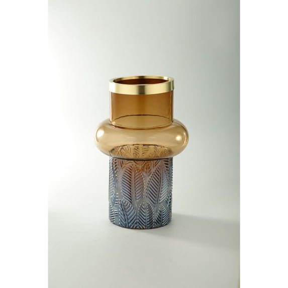 CC Home Furnishings 12" Blue Leaf Pattern Cylindrical Glass Flower Vase