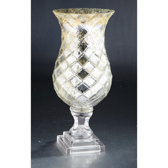 CC Home Furnishings 18" Silver Tone Diamond Pattern Glass Hurricane Candleholder