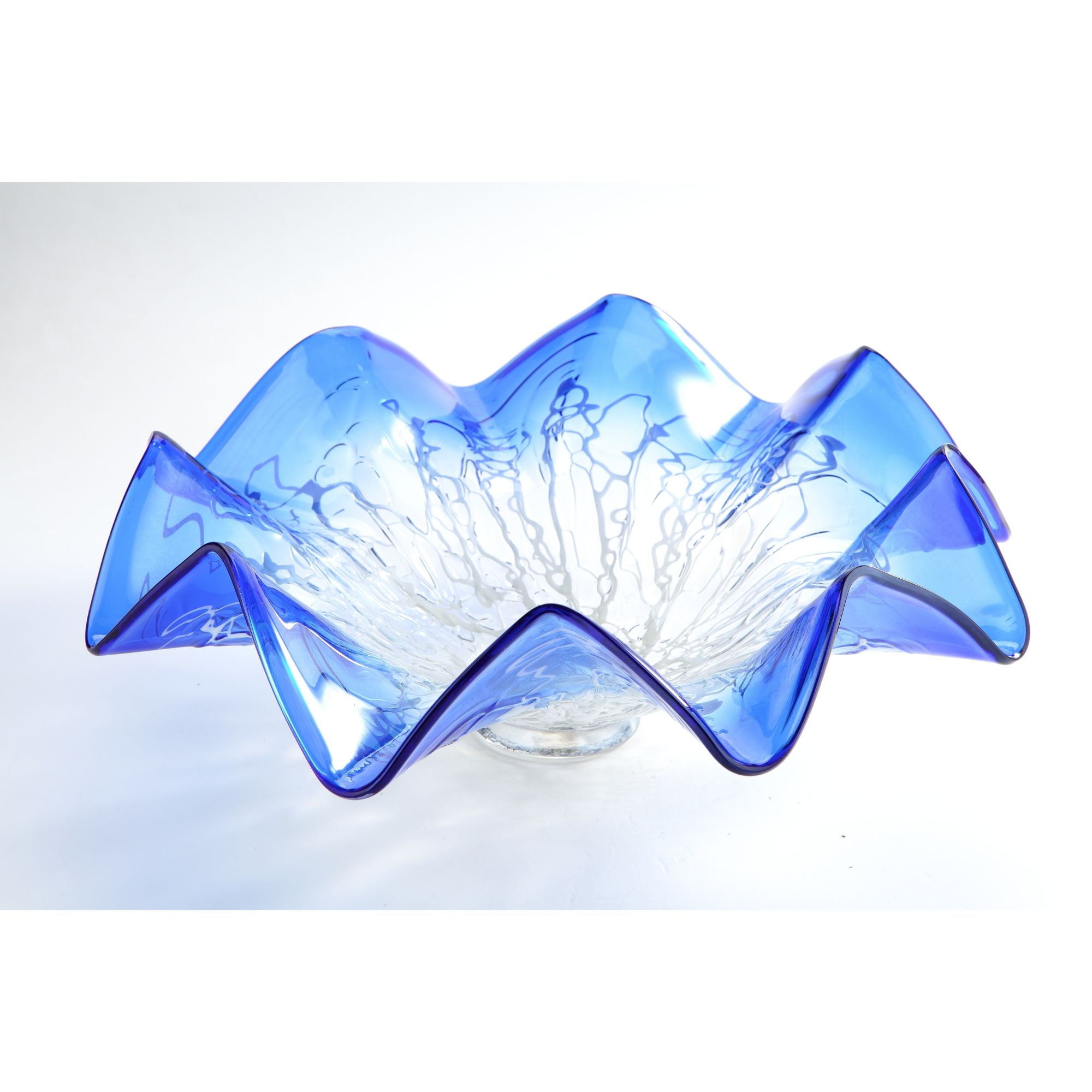 CC Home Furnishings 19.5" Azure Blue Herring Pattern Wave Shape Glass Plate