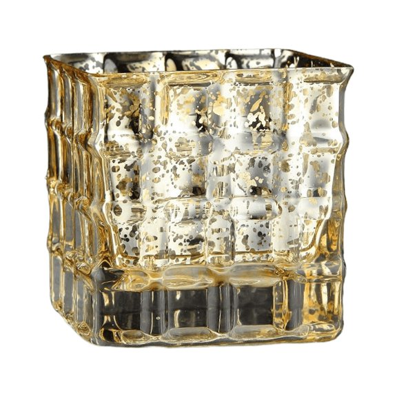 CC Home Furnishings 4" Gold Square Glass Block Tea Light Candle Holder