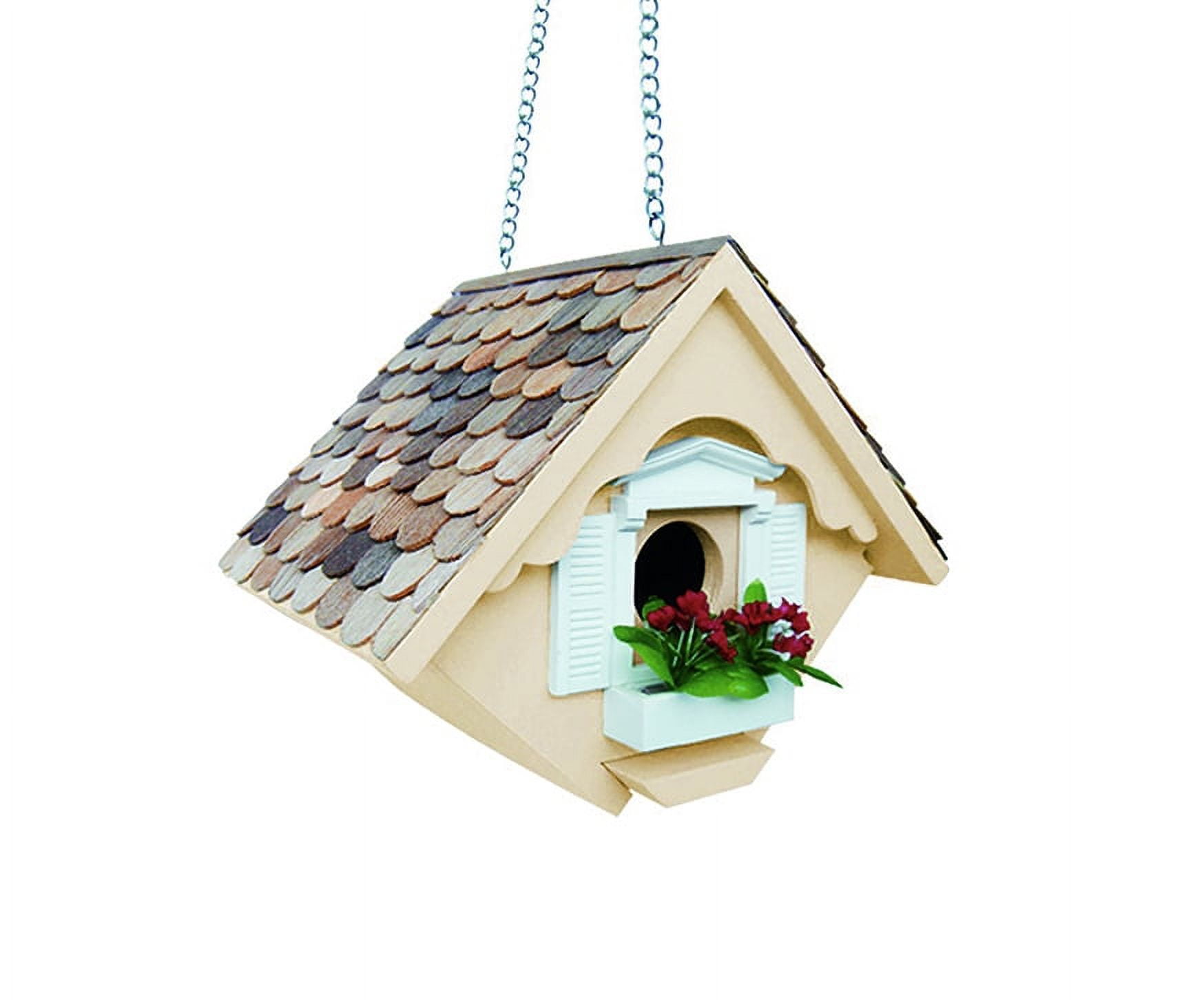 8" Beige and Brown Cottage Garden Birdhouse with Brass Chain