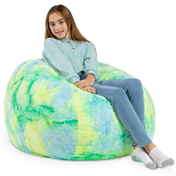 CC Home Furnishings Abstract Faux Fur Kids Bean Bag Chair - 3' - Firefly Yellow and Blue