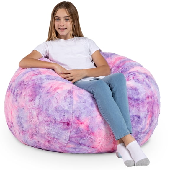 CC Home Furnishings Abstract Round Faux Fur Kids Bean Bag Chair - 3' - Unicorn Pink