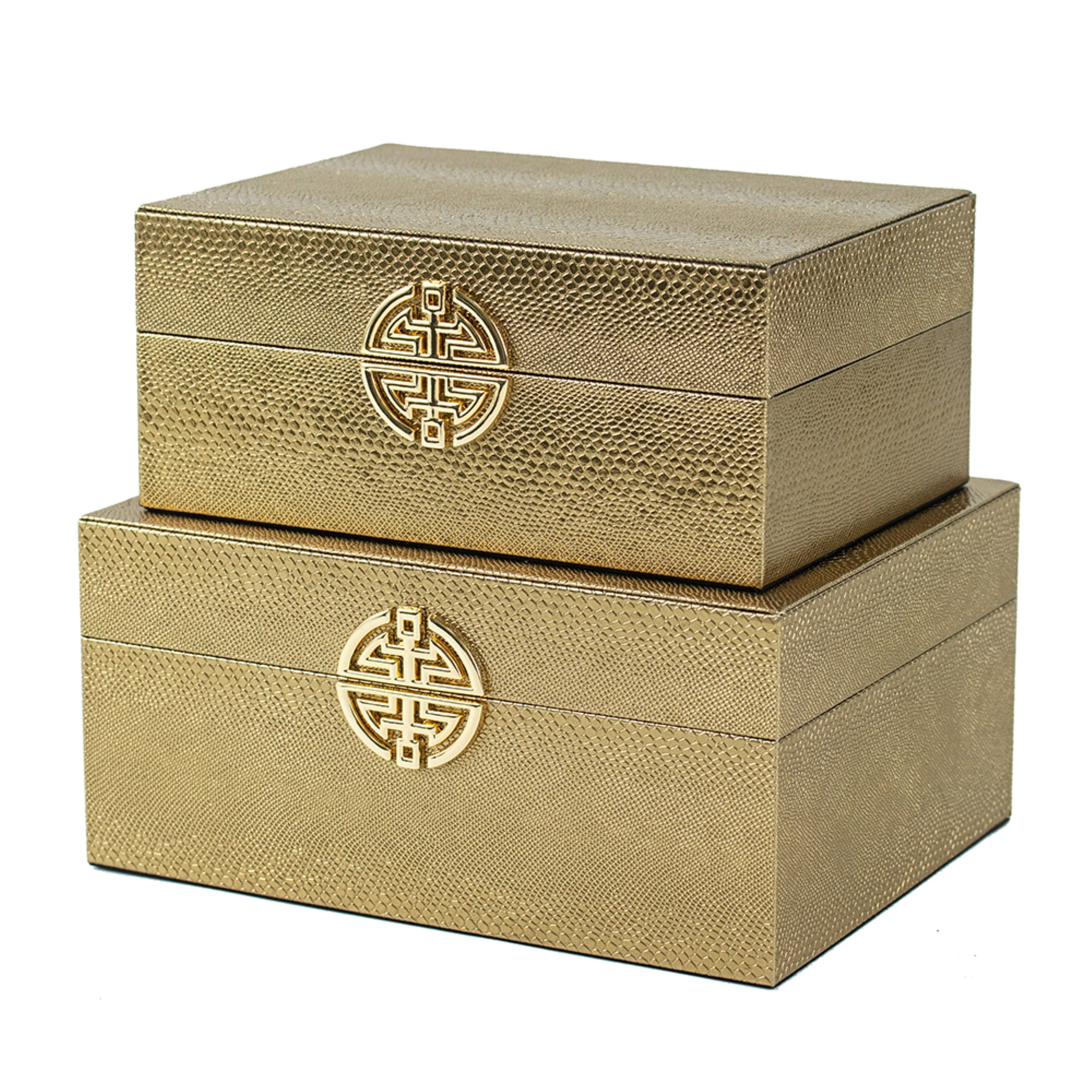 Gold Faux Leather Stackable Decorative Storage Boxes Set of 2