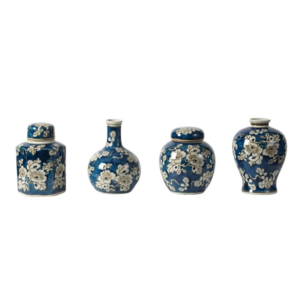 CC Home Furnishings Floral Ceramic Jar and Vases - 6.5" - Blue - Set of 4