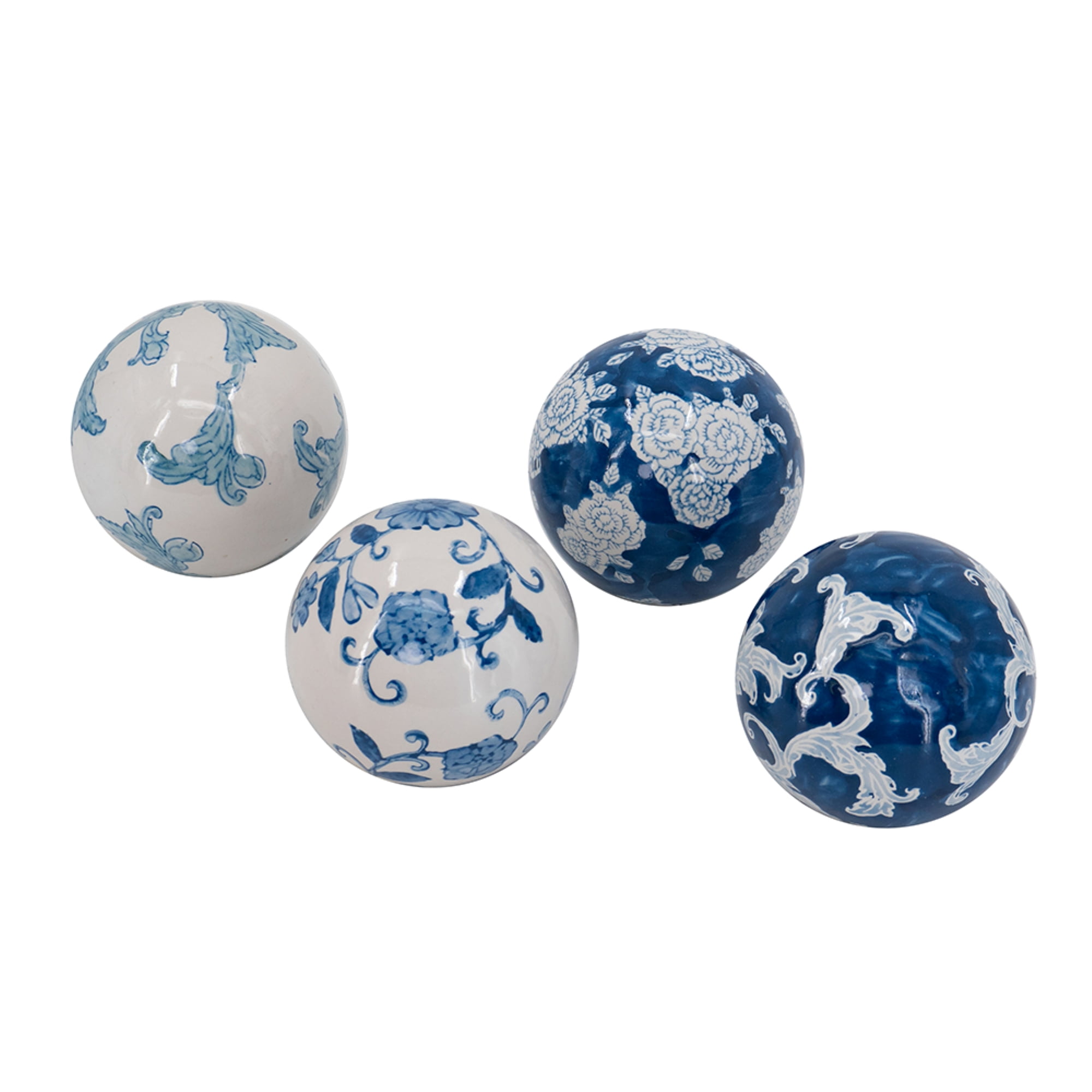 Blue and White Ceramic Floral Pattern Orbs Set of 4