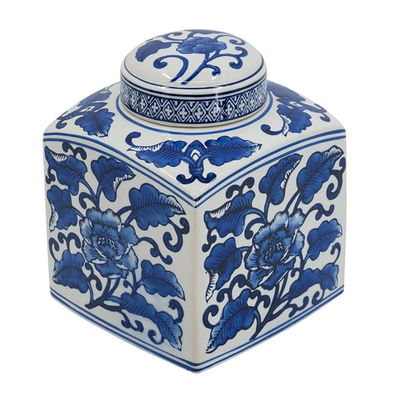 CC Home Furnishings Floral Square Ceramic Canister Decoration - 8" - Blue and White