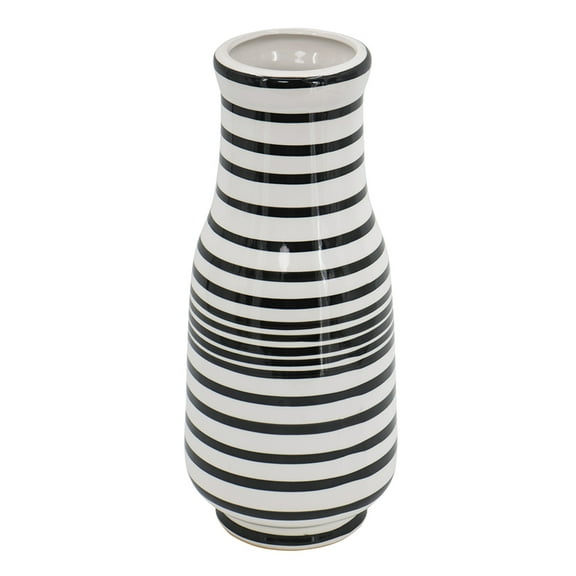 CC Home Furnishings Hand Painted Horizontal Striped Accent Ceramic Vase - 18" - Black and White