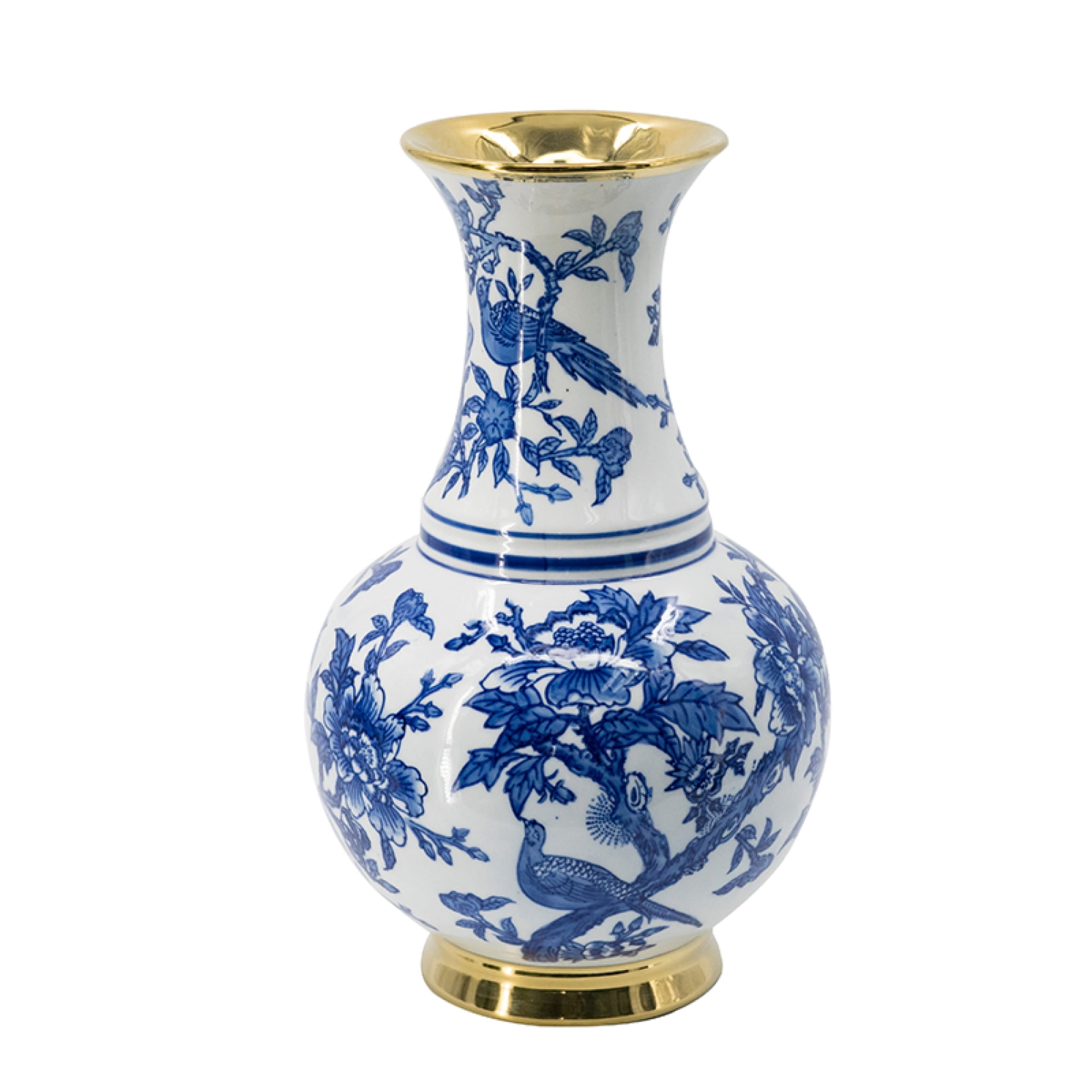 Large White and Blue Porcelain Vase with Gold Trim