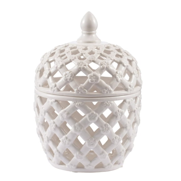 Large Lattice Floral Ceramic Lidded Jar - 11.5" - White