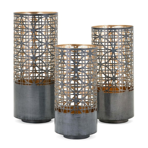 CC Home Furnishings Latticework Pierced Candle Lanterns - 15" - Black and Gold - Set of 3