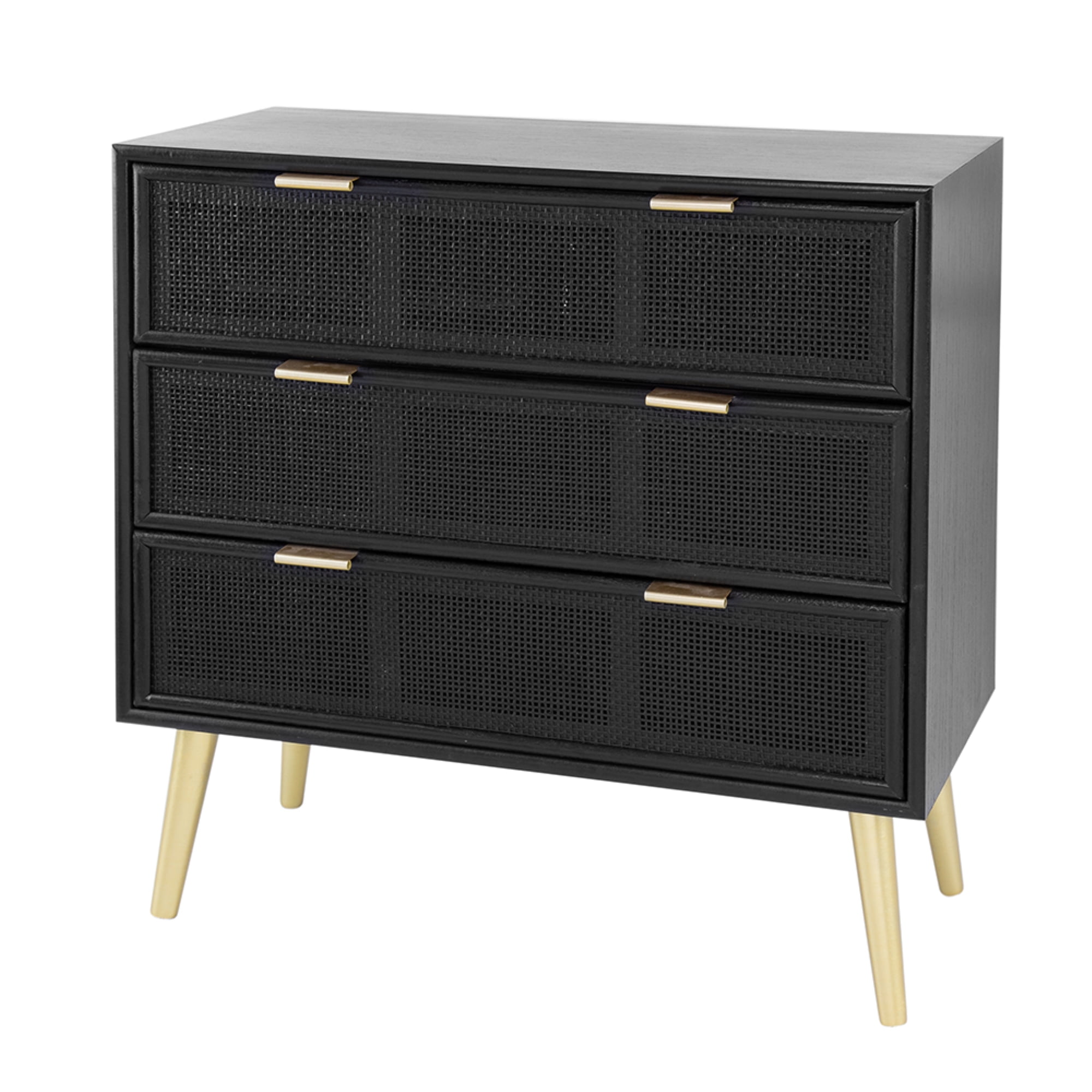 Black Pine Wood and Rattan 3-Drawer Cabinet with Gold Accents