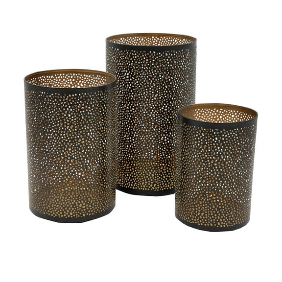 CC Home Furnishings Pierced Metal Hurricanes - 12" - Bronze and Gold - Set of 3