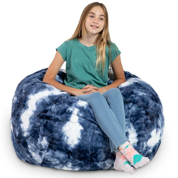 CC Home Furnishings Round Abstract Faux Fur Kids Bean Bag Chair - 3' - Blue and White