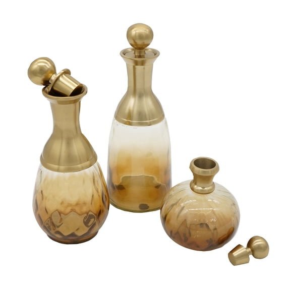 CC Home Furnishings Round Glass Bottles with Lid - 11.5" - Gold - Set of 3