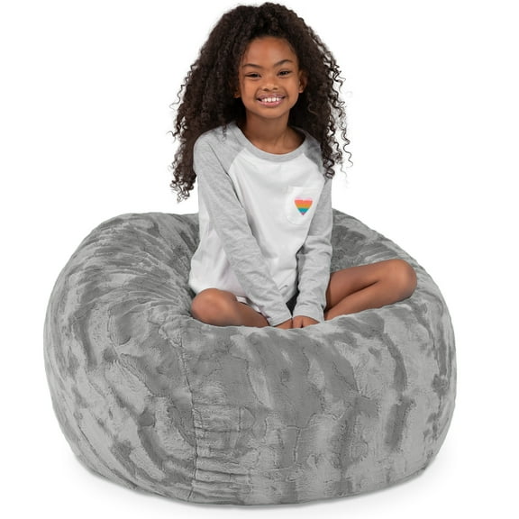 CC Home Furnishings Round Kids Faux Fur Bean Bag Chair - 3' - Silver