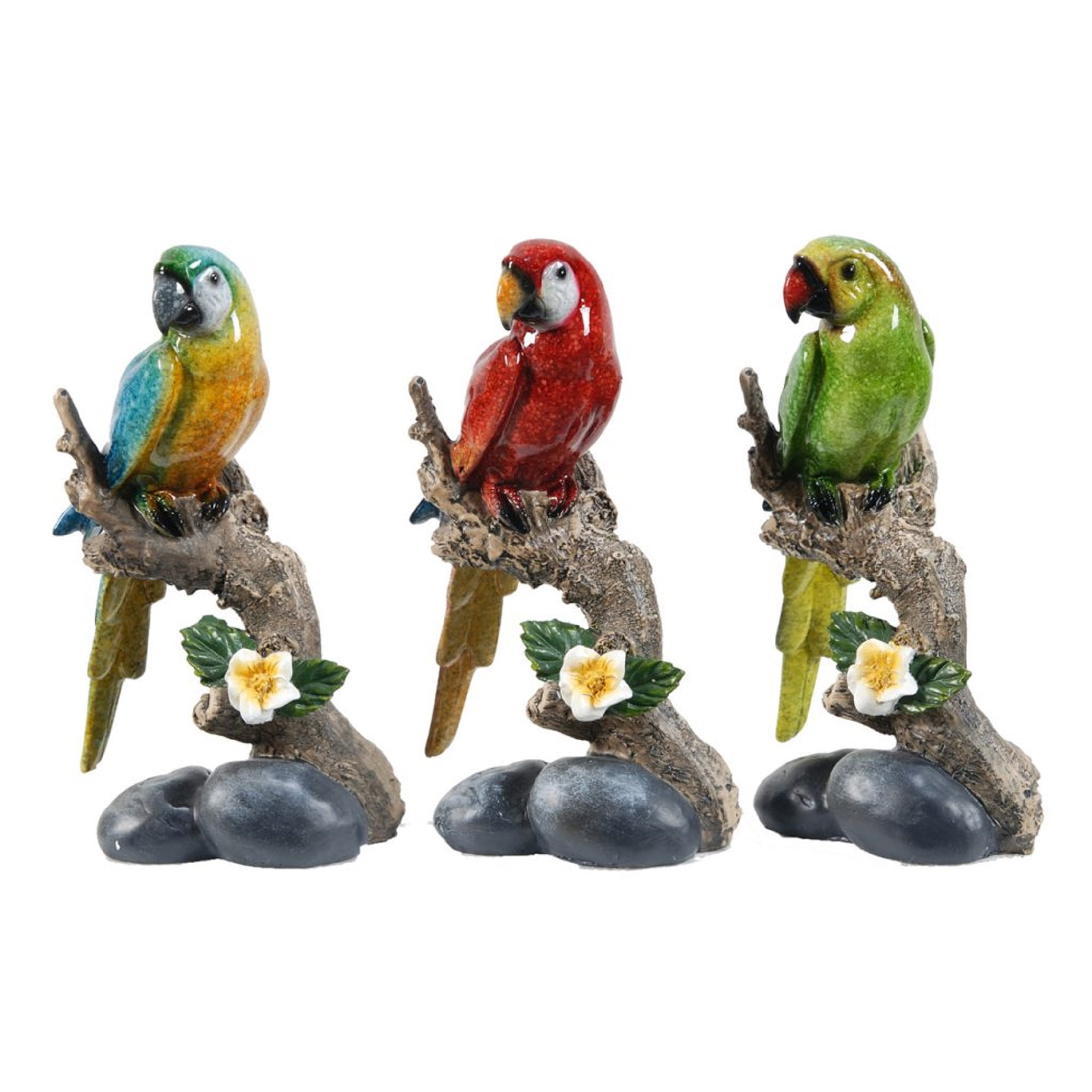 Set of 3 Colorful Resin Macaw Figurines on Branches