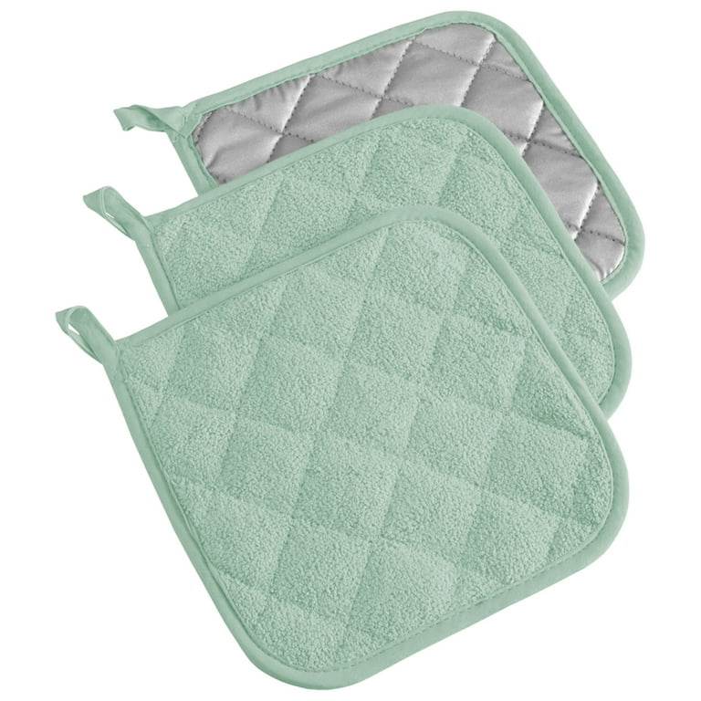 CC Home Furnishings Set of 3 Mint Green and Silver Colored Square Potholders  with Loop 7” 